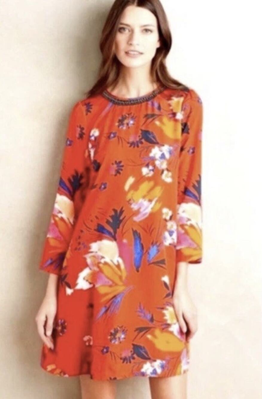 Anthropologie Maeve Sketched Peonies Floral Dress Beaded Neckline Womens Small